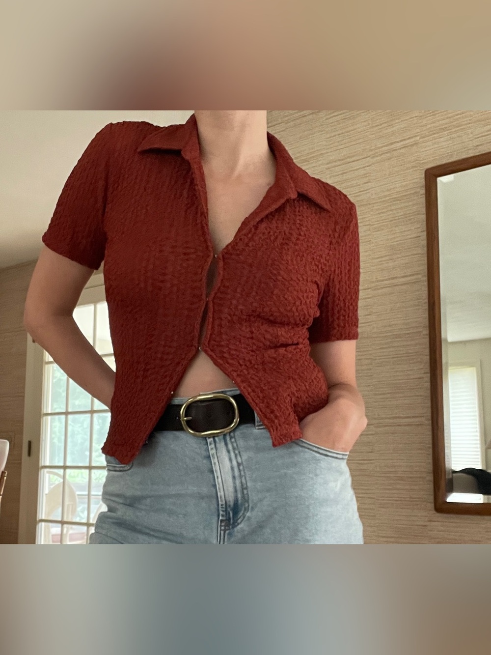 Astr Rust Textured Short-Sleeve Button-Down Top